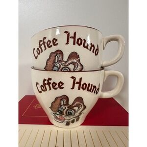 Vintage Coffee Lovers Quirky Mugs Cream Brown Coffee Hound Japan Set‎ of 2